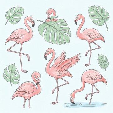 Flamingos and leaves in a tropical setting illustration