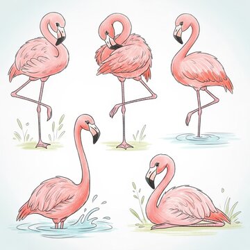 Flamingos in various poses and water activities illustration