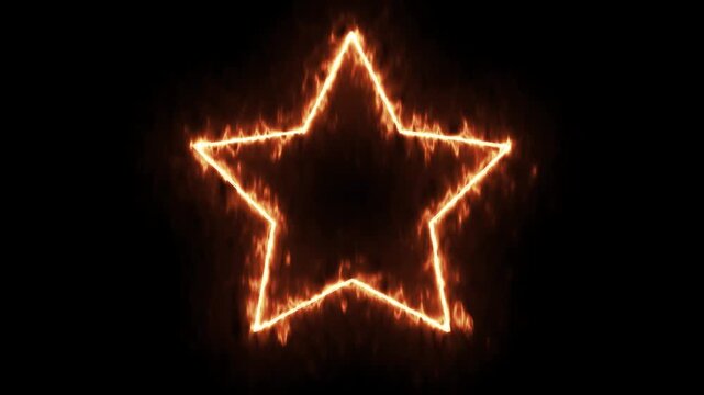 Glowing fire and sparks forming a star shape outline on a black background. Intense heat and flame motion graphic effect with flickering particles.