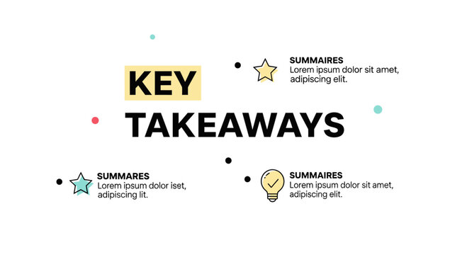 Modern infographic template for key takeaways with geometric icons and placeholder text on white background.