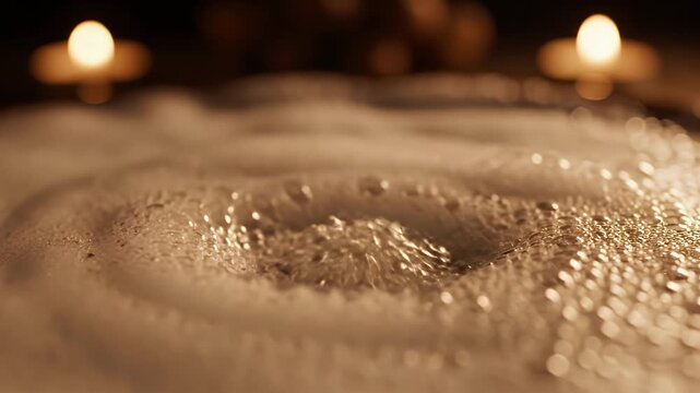 Close up of dense foam macro with micro bubbles rising and collapsing in bath water with candles and bokeh lighting
