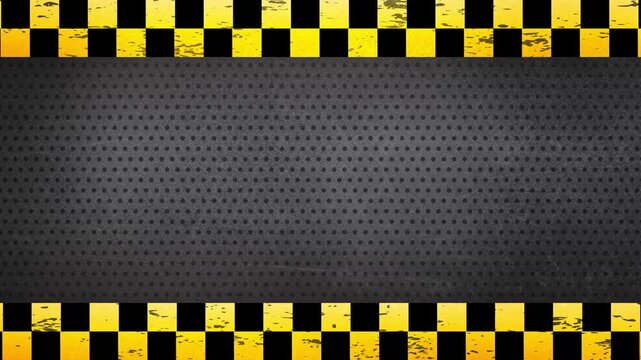Industrial warning frame with alternating block hazard stripe pattern bottom border dark perforated metal background loop Prores 4K 60fps