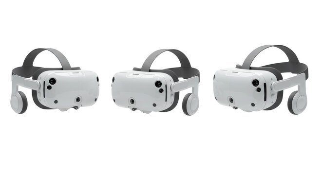 Three futuristic white vr headsets with gray straps isolated on a transparent cyclorama background. Concept for high-tech product presentation