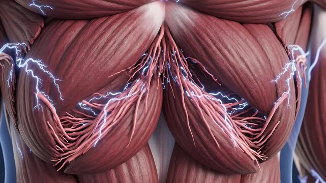 Close Up Of Detailed Human Pectoral Muscle Fibers With Electrical Nerve Stimulation And Lightning Effects In A Dark Futuristic
