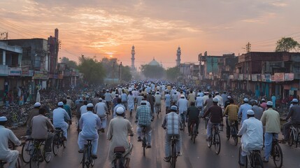 Fototapeta premium Collective journey towards the horizon, vibrant sunset