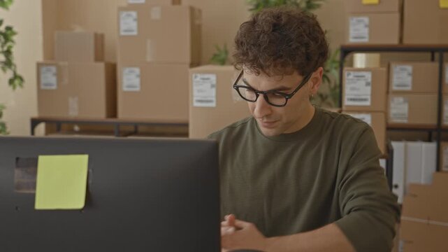 Man stretching hands at computer amid stacked cardboard shipping boxes and labeled parcels on shelving in a building; concentration.