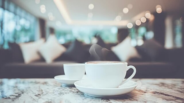 Two elegant white coffee cups sit on a marble table in a modern lounge setting evoking relaxation and sophistication for business or lifestyle themes