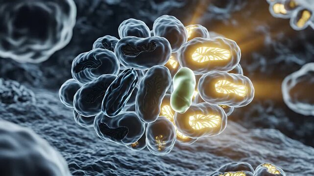 Close Up Of Healthy Mitochondria Cluster Illuminated In A Dark Cellular Environment