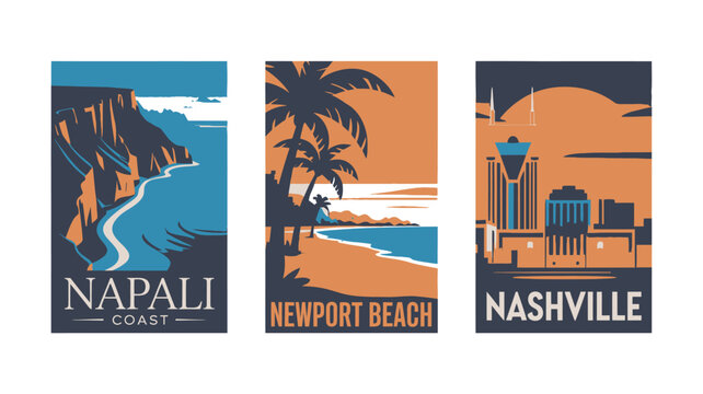 Three travel posters showcasing Napali Coast, Newport Beach, and Nashville in a modern design style