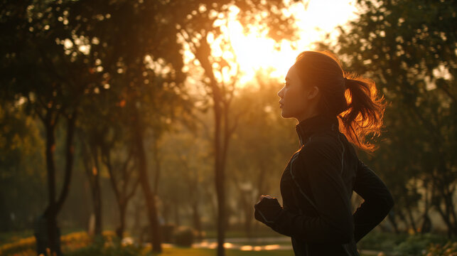 woman jogging during sunrise in park with warm sunlight, healthy lifestyle and fitness concept with female runner in nature, serene morning exercise atmosphere
