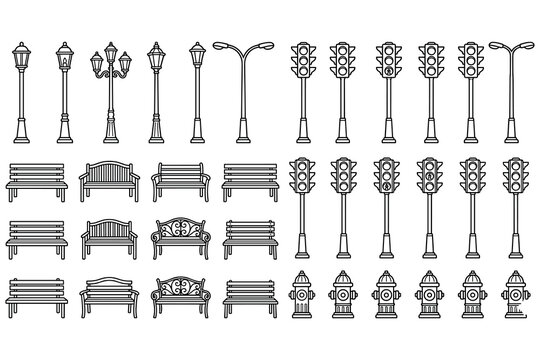 Collection of urban street furniture and traffic control elements line art.
