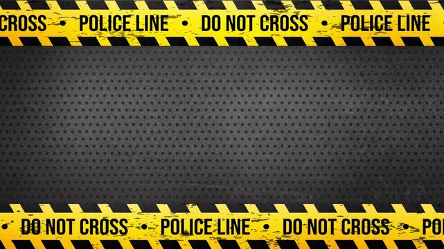 Police line do not cross tape styled border industrial metal perforated background dramatic caution frame loop Prores 4K 60fps
