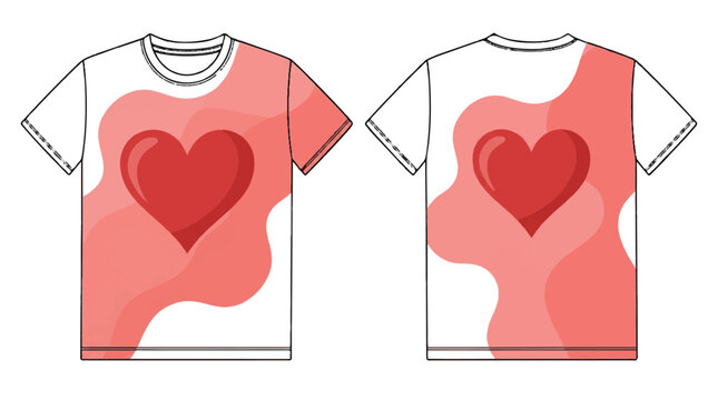 Front and back view of a white t-shirt with a red heart surrounded by abstract coral pink shapes t shirt graphic design valentines day apparel desi