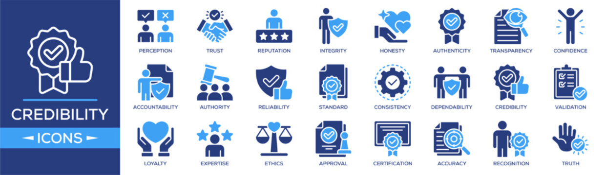Credibility icon collection set. Containing design Perception, Trust, Reputation, Integrity, Honesty. Solid icon collection.