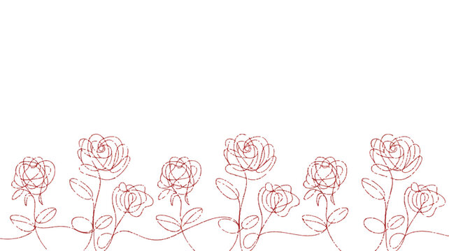 Rose gold glitter line art of multiple rose flowers with stems and leaves along the bottom of the frame design element white background bottom borde