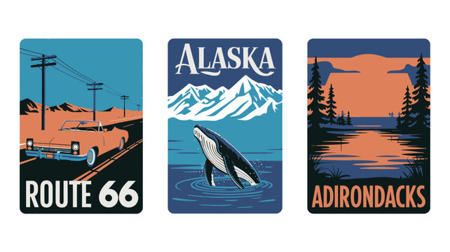Three vintage style travel posters for Route 66, Alaska, and Adirondacks on a white background