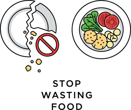 Stop Wasting Food Concept Icon Showing Empty Broken Plate Versus Full Healthy Vegetable Meal Illustration