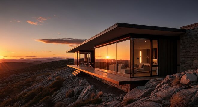 Sleek modern glass house integrated into rocky mountain landscape at sunset with expansive views