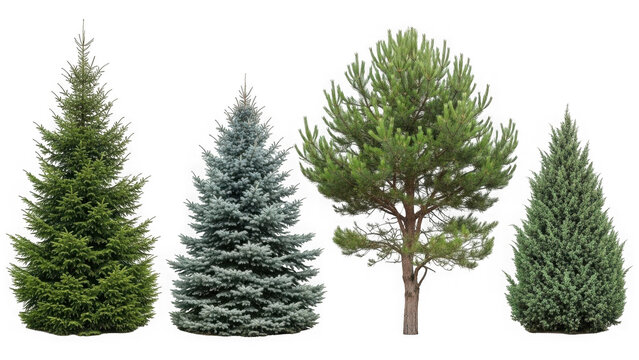 Four different types of pine trees isolated on transparent background