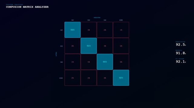 Digital interface showing AI Diagnostic Algorithms populating a confusion matrix to validate predictive accuracy and precision through an animated sequence of data analysis on dark background