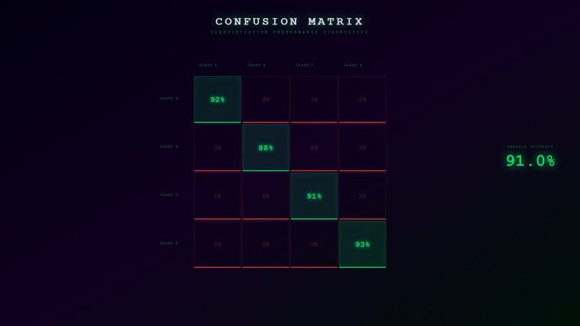 A dynamic animation showing AI Diagnostic Algorithms processing data within a digital confusion matrix to calculate model accuracy and performance over a dark futuristic background