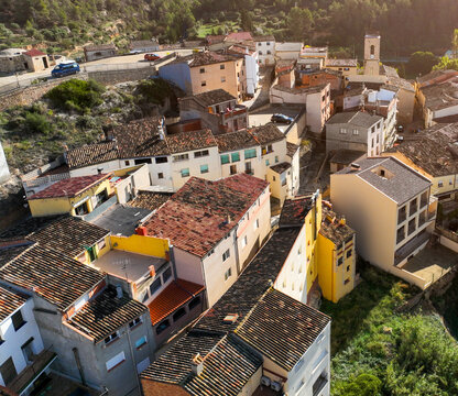 Aerial view of old cozy houses among rocky mountains, town Margalef Spain.