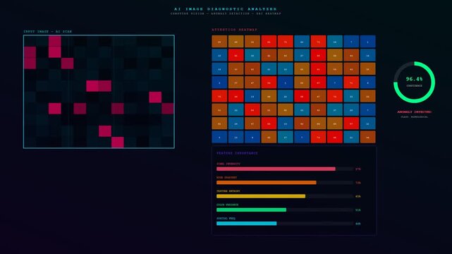 A futuristic user interface showcasing AI Diagnostic Algorithms as they scan complex data patterns with evolving heatmaps and confidence metrics in a dark digital environment