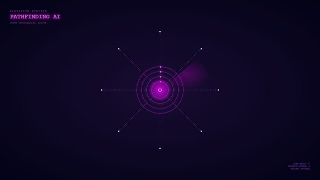 Digital motion graphics illustrating AI Diagnostic Algorithms as they analyze a complex network of nodes with glowing purple light sweeps across a dark void background