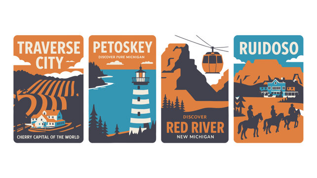 A collection of vintage travel posters for Michigan destinations and a New Mexico town