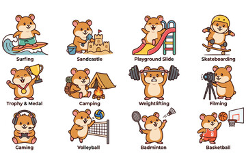 Obraz premium Set of cute hamster character doing various activities like surfing and skateboarding.
