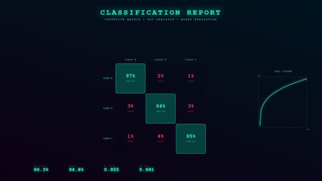 High tech screen showcasing AI Diagnostic Algorithms as they dynamically render performance metrics including a confusion matrix and ROC curve for medical data analysis purposes
