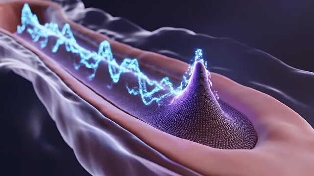 Close Up Of Microscopic Inner Ear Cochlea Showing Sound Wave Transmission With Blue Electric Pulses Vibrating Through Textured
