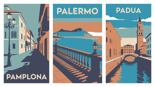 A vibrant illustration of three Italian cityscapes, including Pamplona, Palermo, and Padua, with blue and orange hues