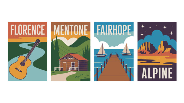 Vibrant travel posters showcasing Florence, Mentone, Fairhope, and Alpine destinations in a beautiful, serene landscape.