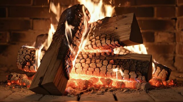 Wood burning in a fireplace for commercial backgrounds, digital design, and advertising