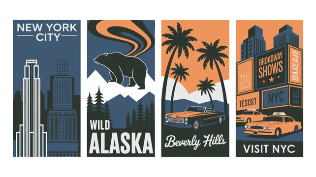 Vintage travel posters of New York City, Wild Alaska, Beverly Hills, and NYC, showcasing city life and natural beauty.