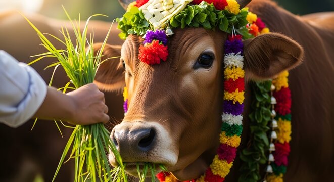 Decorated cow eating grass from a person s hand on a farm bangali new year