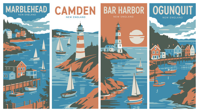 Vintage travel posters of coastal towns in New England featuring lighthouses and sailboats