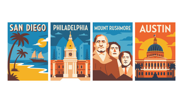 A vibrant illustration of four iconic American cities: San Diego, Philadelphia, Mount Rushmore, and Austin.