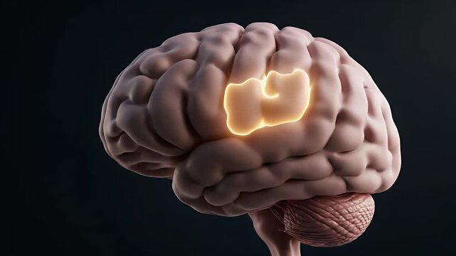 Close Up of Pink Human Brain With Abstract Blue Sound Waves and Glowing Section on Dark Background
