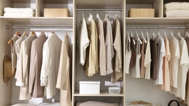 Large wardrobe with different stylish clothes and home stuff. Camera moving up