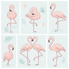 Obraz premium Flamingos in Various Poses Illustration Set