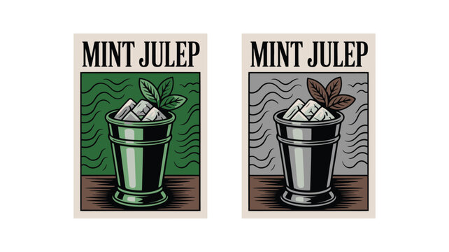 Two vintage style posters of mint julep cocktails with ice and mint leaves on a white background