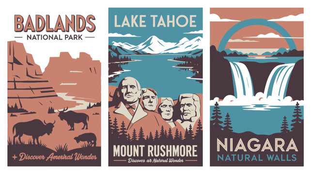 Travel posters of Badlands National Park, Lake Tahoe and Mount Rushmore, and Niagara Falls