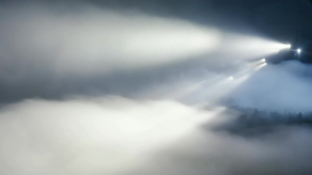 Ethereal light rays piercing through dense atmospheric fog in a dark