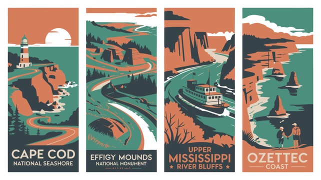 A set of vintage travel posters featuring scenic national parks and monuments in the United States