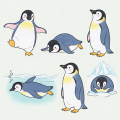 Naklejka premium Penguins in Various Poses and Actions Illustration