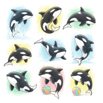 Colorful orca whale illustrations in various playful poses