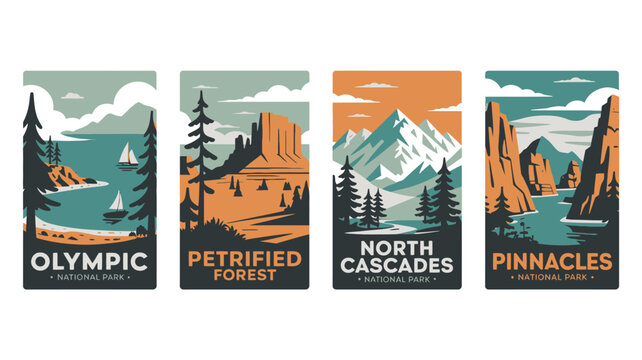 A collection of national park posters featuring scenic landscapes and iconic destinations in the United States