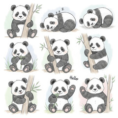 Obraz premium Adorable Panda Bears Playing with Bamboo Sticks and Leaves